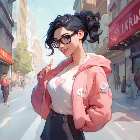 Cheerful woman with black hair, big black glasses and black eyes, standing up and wearing a pink hoodie, on a street in London  