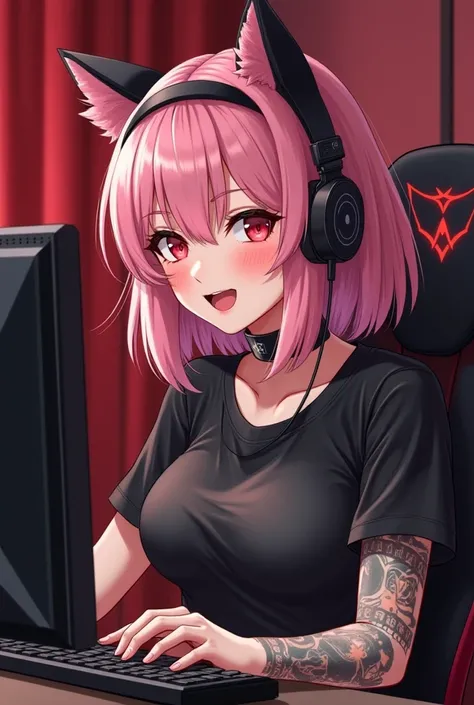 Profile pic, pink pastel shoulder-length hair,adult anime girl, with Red eyes, cute face, big boobs, black metallica t-shirt, with tattoos in her arms, smiling like crazy, playing a shooting game in her pc with headphones with black cat ears, in a red game...