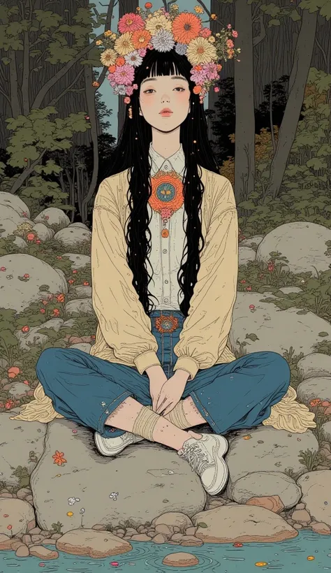  beautiful japanese woman ,  black hair、 with long hair 、 bangs with lots of flowers ,From both hands "SWITCH", The word has surfaced in a big way、  I'm wearing long jeans and sneakers ,  smiling cross-legged on a river rock  ,  anatomically correct、