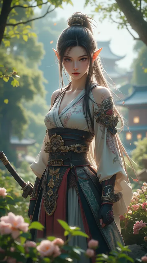 Combination of Elves and Human Japanese Female Samurai，8k， High detail， HD 