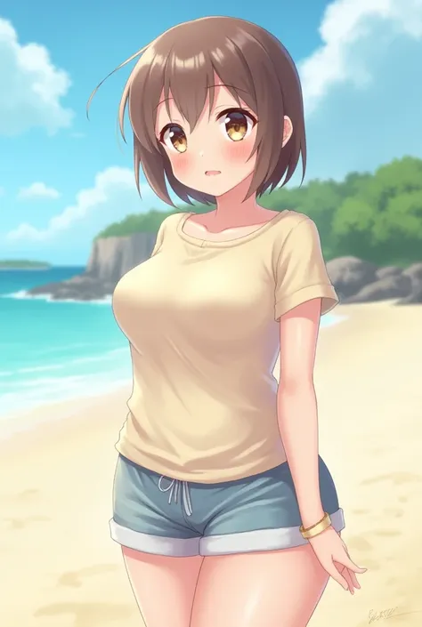  Anime girl ,  slightly plump belly , thick thighs,  wearing short shorts and a tight short T-shirt ,  sweet facial expression ,  big eyes,  Soft pastel colors, anime style,  detailed drawing,  light playful atmosphere , background with natural beach eleme...