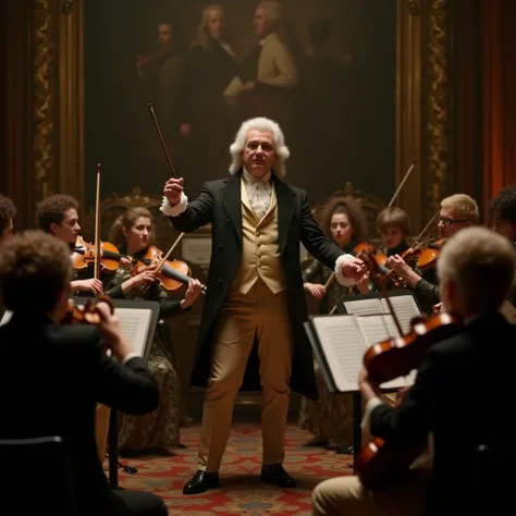 . Mozart continues conducting. The band plays and after the overall shot you see the band members close up. Make this lively and cinematic and camera focusing on the characters 