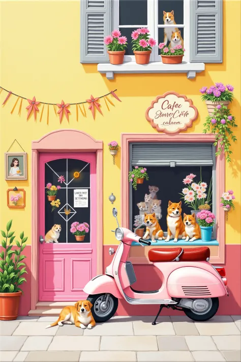 ( Masterpiece:2.0)(Delicate Acrylic Painting ) Bright Two-Story Building Cafe Scene， old pink vespa at the entrance､ pink door and yellow wall decorated with flowers 、Flowers are on display､Puppies are sleeping at the entrance、Old poster style、A vivid, ret...