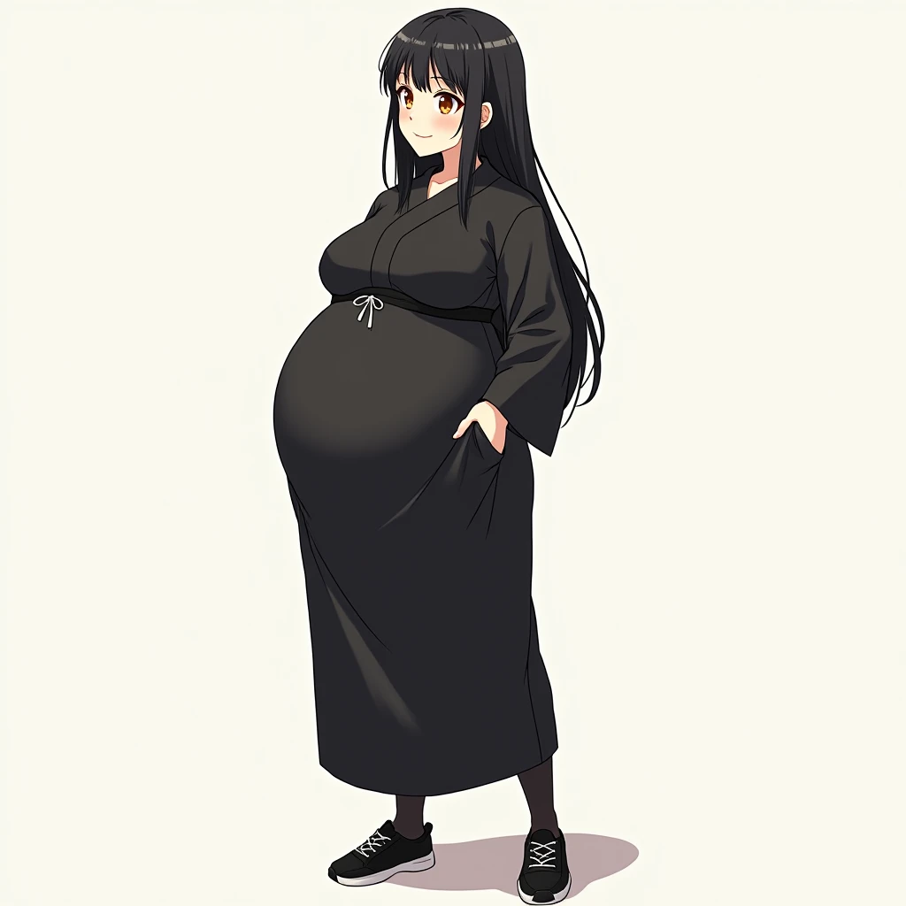 anime girl, long hair, big pregnant, orange eyes , pregnant biggest belly girl, anime style, black hair, big breasts, pregnant girl with big belly, smile, black thin tights, black long kimono dress, big pregnant belly, big breasts, big hyper-pregnant belly...