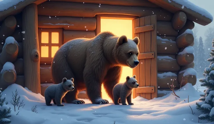 a brown bear mother with her two little weakened cubs, With snow on the ground, Entering a cabin, Seen from the inside