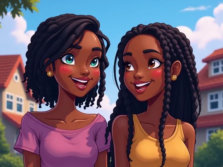 ((work of art))),(((best qualityer))),(((extremely detaild))), (((full body))), (((fullbody shot))), (((distance view))), illustration,4K, cartoon style of Two black woman laughing, she with short black dreadlock hair, (((without fringes))), they sit separ...