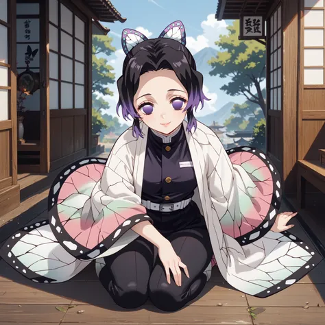 kochou shinobu, black hair, hair ornament, multicolored hair, purple hair, butterfly hair ornament, short hair, gradient hair, purple eyes, no pupils, belt buckle, buckle, butterfly print, wide sleeves, japanese clothes, haori, Black Pants, full body, thig...