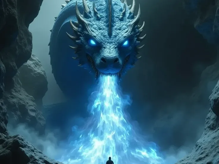 A blue dragon unleashes a pale blue breath within a cave. The light from the breath reflects off the surrounding rock walls, enveloping the cave in a fantastical spectacle. The dragon's scales are a deep blue, with intricate details highlighted. The breath...