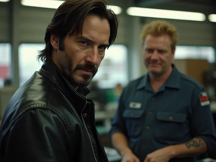 Keanu Reeves заходит в мастерскую,  his face reflects a slight bewilderment .  He watches the interior and mechanics . Jake,  workshop with a smug smile ,  standing at the counter ,  looking at him with an expression of slight disdain .

Keanu Reeves:  Mid...