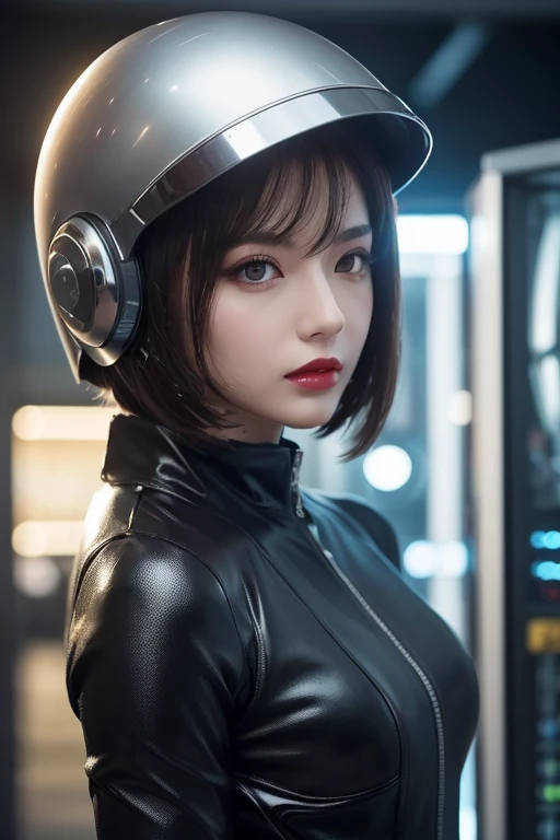  close-up of a woman wearing a futuristic helmet and red lipstick, Cyberpunk Jackie Wells, cgsociety 9,  style for stilets = Retro futuristic ,  beautiful android woman ,   female android ,  retro futuristic fashion , movie「 Blade Runner 」Still image of, F...