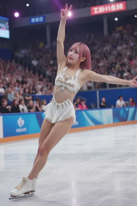 1woman, She is skating at the skating rink. She wears a skating wear that is printed "HARUNA" . She is skating and triple axel jump in center of big audience. (masterpiece, top quality, best quality, extreme detailed, colorful, highest detailed, Dreamy Atm...