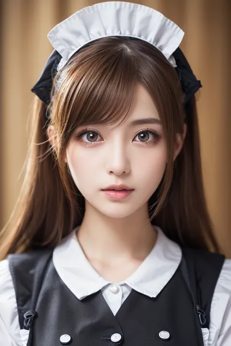 highest quality, masterpiece, 8k, Ultra-high resolution, (Realistic: 1.4), 1 girl, Beautiful Face, Symmetrical eyes, big, Perfect Body Proportions, ((Long Hair))、((Brown Hair:1.5)), Maid、((ゴスロリ風Maid服:1.4)), Viewer&#39;sight, ((Coffee shop、Blurred Backgroun...