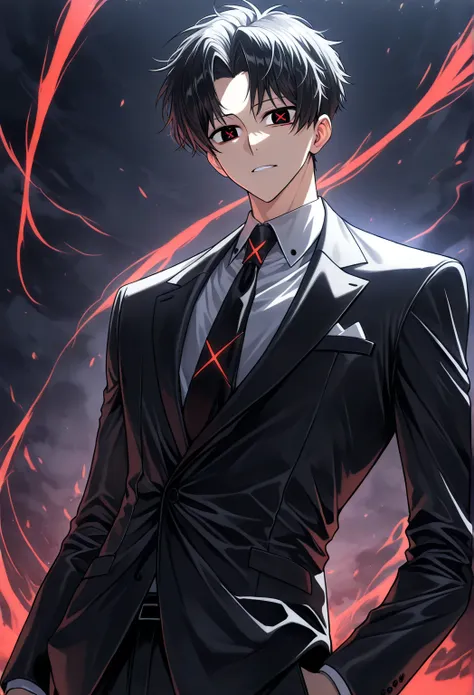 (solo), (handsome), (1 male, short hair), (20 years old), (black hair andcenter parted bangs), (black eyes), (formal suit), (best), (high), (score 9), (x shaped pupils), (red_pupils)