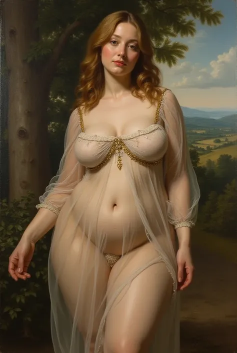 A painting drawn in the style of Raphael, a beautiful Caucasian woman with big breasts and buttocks dressed in a transparent dress.