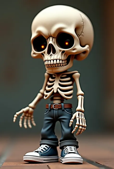 a close up of a skeleton wearing pants and a pair of sneakers, a toy statue, zbrush central contest winner, lowbrow, cute skeleton, textured detailed skeleton, fun skull, punk grim reaper, the other a skeletal figure, skeleton with eyes, fleshy skeletal, r...