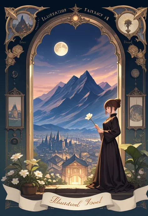 ( Masterpiece),( top quality),  illustration , ( fantasy:1.4), witch,  cute detailed digital art,  beautiful face,  brown hair, hair up, city, Mountain,  dark color long dress,  a moon , flower , paper_ cut