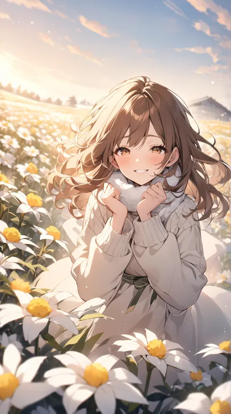  Clear Days 、 Flower Field 、Brown hair swaying in the cold、smile　1 person　 beautiful woman　 top quality