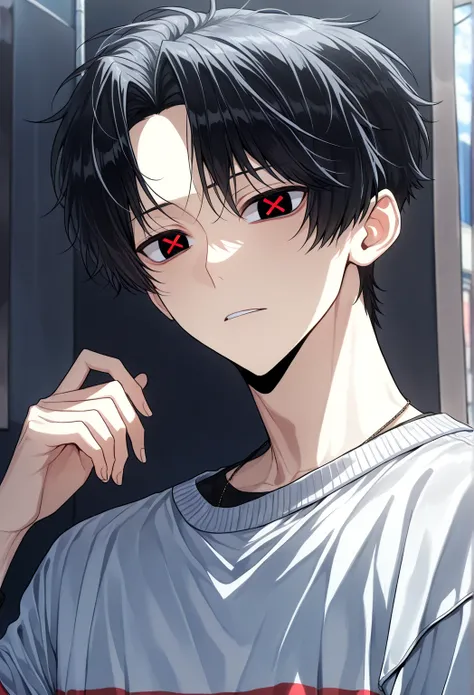 (solo), (handsome), (1 male, short hair), (20 years old), (black hair andcenter parted bangs), (black eyes), (casual wear), (best), (high), (score 9), (x shaped pupils), (red_pupils)