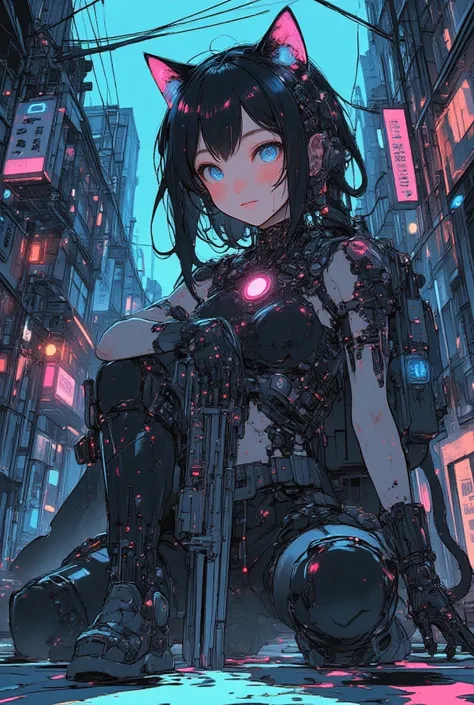 ((masterpiece:1.2)), (( top quality:1.2)),  cyberpunk girl with laser light, (((Cat ears:1.4), ((android-like legs and arms:1.5))), ((full body:1.6)), ((holding a gun:1.5)), Spaghetti Westerns, Cowgirls, dramatic, (kneeling down, ground), (low angle:1.2), ...