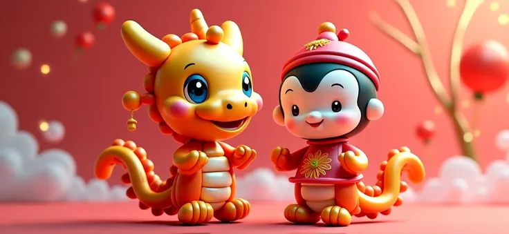 1 cute and festive balloon Chinese dragon and a balloon boy, Wearing traditional Chinese clothes made of balloons, UE5, firecrackers, Auspicious clouds, fundo vermelho)), Cute and detailed digital art, lovely digital painting, Cute balloon penguin, Lovely ...