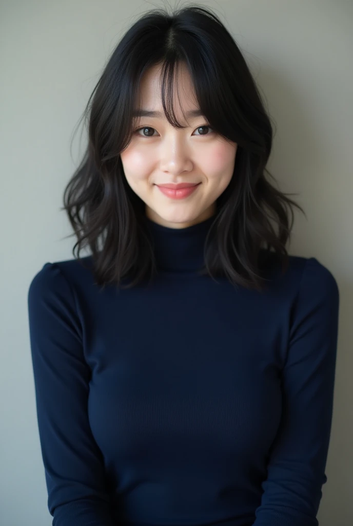  Japanese woman,Age: 20,The length of the hair is semi-long black hair,My eyes are double and I have a baby face, breasts are moderately bowl-shaped to fit in the palm of your hand,Clothes are navy blue turtlenecks,A cute girl with a smile who is a singer