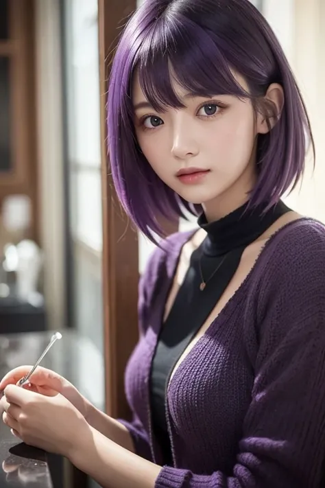  1 girl, 20age women, Masterpiece, spouse, goddess, short hair ,(( purple hair)),glass