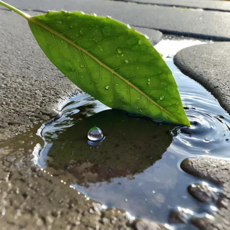 A green leaf, with visible texture and veins, is located next to a puddle of water. - The water puddle is small and circular, with a smooth, reflective surface. - The background is a stone or concrete surface, with a rough texture and a gray or brown tone....