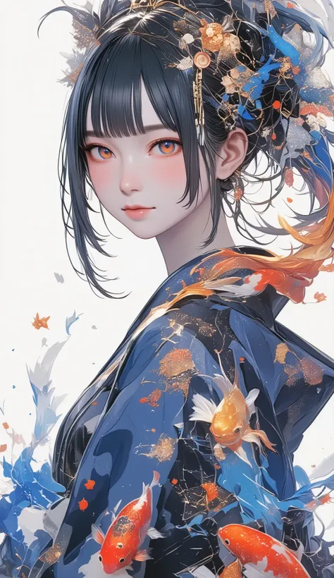  beautiful milky glass body  、  black hair、 with long hair 、 bangs with lots of flowers 、 A cute and beautiful Japanese woman's design that converges with kimonos and hairstyles  、  The colorful paint flowing out of the atmosphere converges into kimonos an...