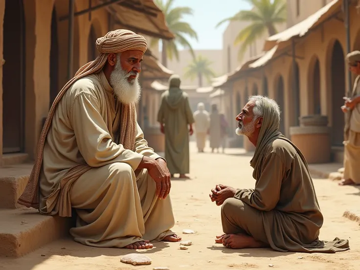  Illustration of Abu Bakr r .a.  sitting before a beggar, looked sad in the old days in front of the madinah market