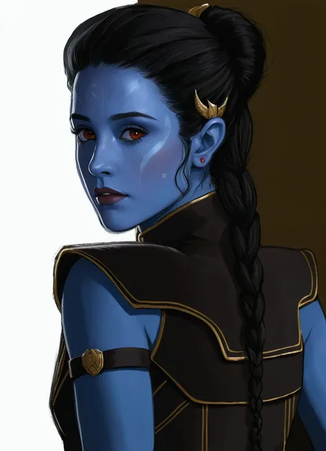 un gros plan d'une femme avec une queue de cheval et des yeux rouges, Ariana Grande en tant que Sith, art personnage gros plan, elfe à la peau bleue, Grand amiral Thrawn, Padme Amidala, belles images d'avatar, la déesse Héra avait l'air en colère, visage a...