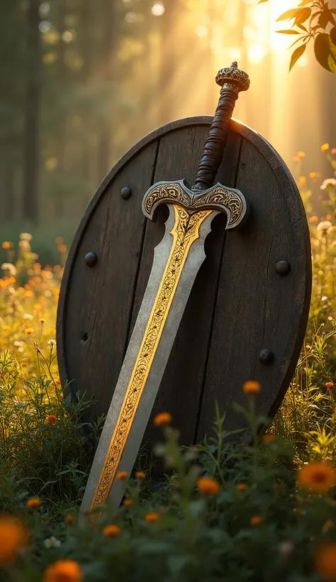 Create a high-resolution, highly detailed image of Herugrim, the sword of Théoden, King of Rohan. The sword should feature a broad, straight blade that glimmers with a golden sheen, showcasing intricate Rohan designs etched along its length, symbolizing th...