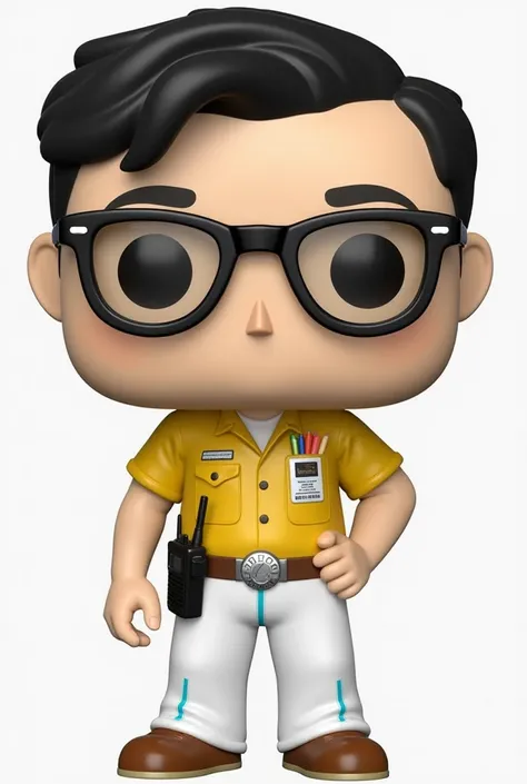  Of course !  Here's a ready-made description of the Funko Pop version based on this picture :

Funko Pop Custom Design: "Nerdy Security Guy"

The head :  A large round head in the traditional Funko Pop design, with thick black glasses and transparent lens...