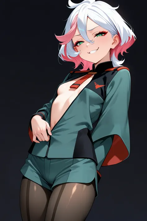 1 girl, smug, evil smile, {{{{{secret two-tone hair}}}}}, pink hair, white hair, medium hair, green eyes, thick thights, shiny skin, asticassia school uniform, black pantyhose, green jacket, green shorts, school uniform, flat breasts, eyelashes, red eyesha...