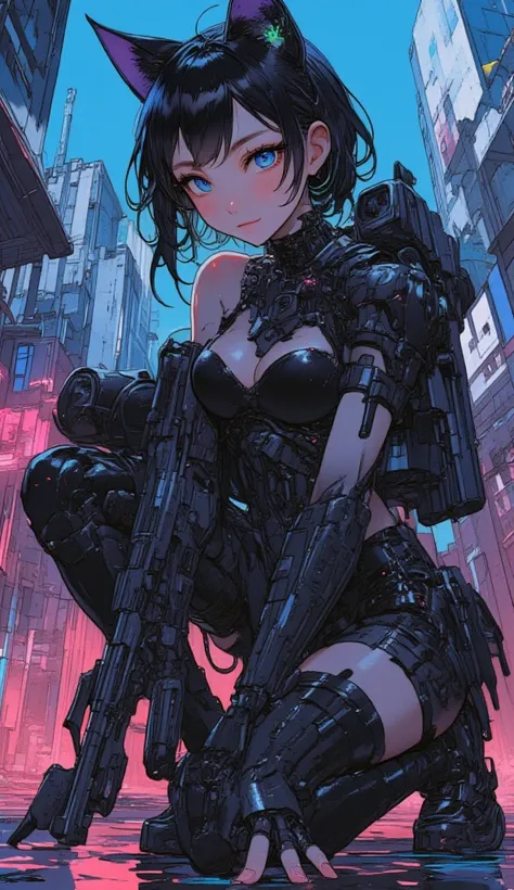 ((masterpiece:1.2)), (( top quality:1.2)),  cyberpunk girl with laser light, (((Cat ears:1.4), ((android-like legs and arms:1.5))), ((full body:1.6)), ((holding a gun:1.5)), Spaghetti Westerns, Cowgirls, dramatic, (kneeling down, ground), (low angle), ( bl...