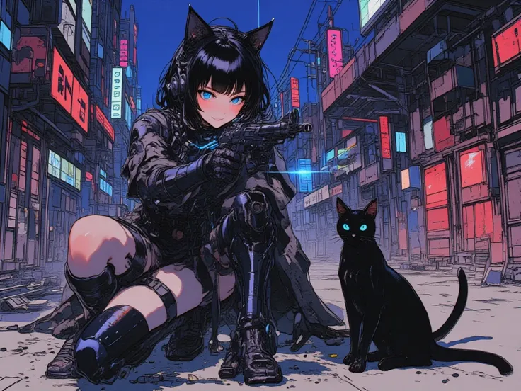 ((masterpiece:1.2)), (( top quality:1.2)),  cyberpunk girl with laser light, (((Cat ears:1.4), ((android-like legs and arms:1.5))), ((full body:1.6)), ((holding a gun:1.5)), Spaghetti Westerns, Cowgirls, dramatic, (kneeling down, ground), (low angle), ( bl...