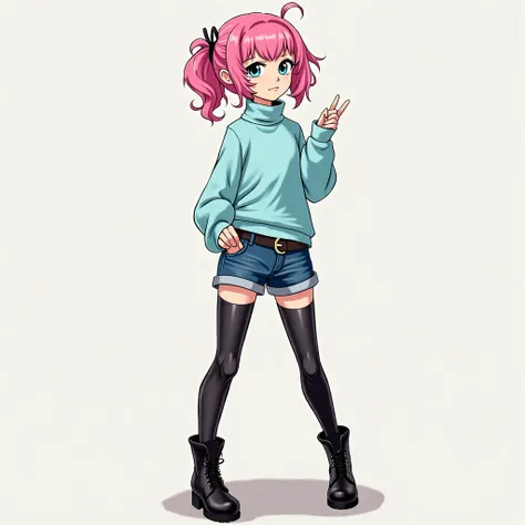 Danganronpa female Character with pink short curly hair in a Ponytail with a strand hanging next to her face. She wears a light blue turtle neck, black stockings and short jeans with black ankle high boots.