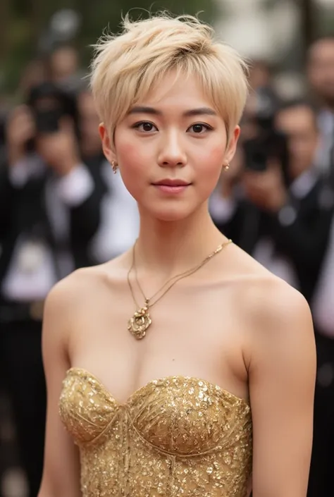 20 years old Korean-American woman, pale skintone, dyed golden blonde hair, pixie cut hair, brown eyes, small breasts, petite, short body, artistic makeup, smiling, she wears a golden dress, gold necklace, New York City