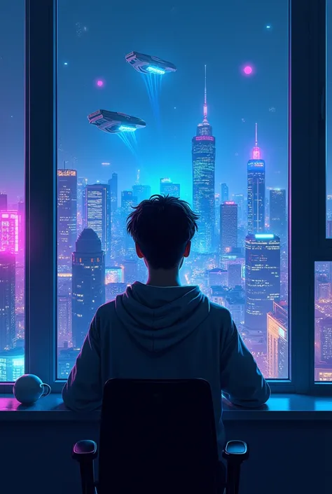 A young programmer, Kael, sits in his futuristic apartment, surrounded by floating holograms of code. His hoodie-clad figure is illuminated by the neon lights of Aurora, a sprawling city of towering skyscrapers and flying cars. Through the large glass wind...