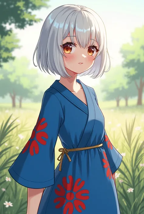 She is a short-haired white-haired country girl in a blue dress with anime-style red patterns, 20 years old no background, some pose