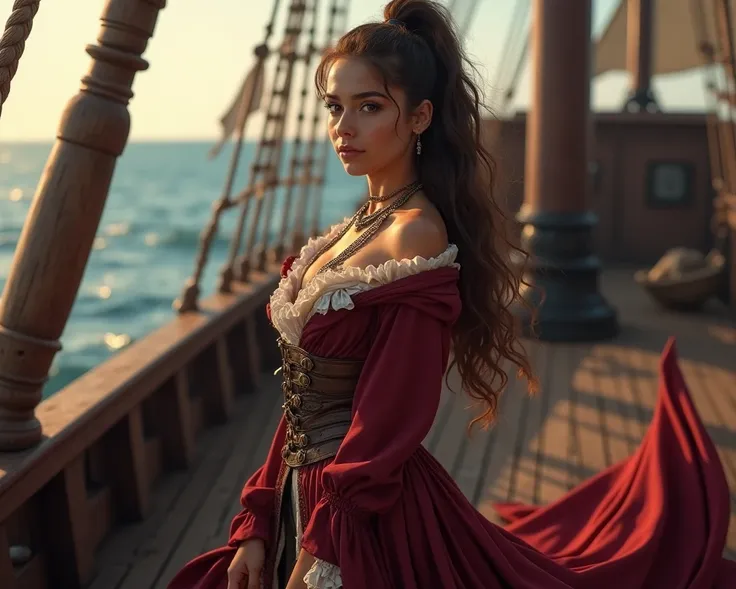 Sensual Beauty (Talia Morgulis) 18th Century Pirate Captain, (bright eyes), long straight brown hair in ponytail, barefoot, wearing, (traditional 18th century burgundy pirate outfit), commanding her ship, ((pirate ship deck background)), (dynamic pose, ran...