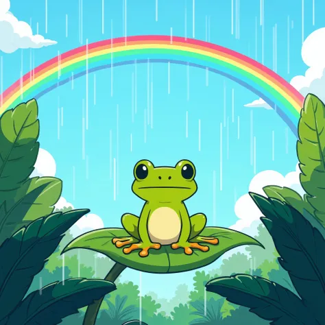 Heavy rain falls 、 tree frog sitting on a leaf、 BRIGHT、rainbow、blue sky、2D illustration、illustration、Anime Design、 Clear Lines 、Thick Line、 simple illustration without gradation。No shading。