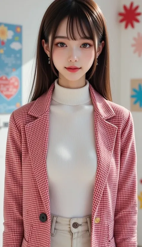 (  symmetrical , Colorful geometric pattern combination, flower, A ), break, ( 1 girl), (18 years old), Very beautiful fine face ,  smiles shyly,   symmetrical  black eyes,  small breasts), break, ( Red Hounstooth Coat :1.4), ( OFF-WHITE TURTLENECK SWEATER...