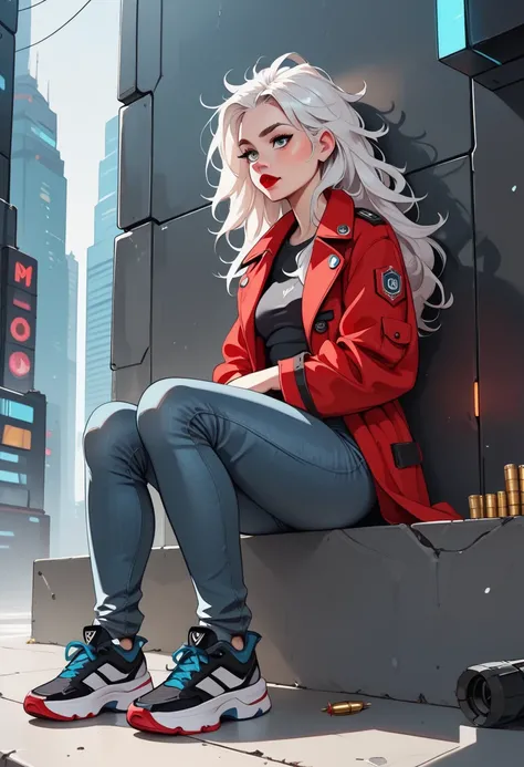 (science fiction fantasy), ( masterpiece), ( Professional oil painting ) ( borrowed letter ), ( 8k resolution ), ( a pretty girl), ((pale gray skin)), (gray ash iron), ((jeans clothes)),(red coat)), ((black t-shirt underneath), (( red lipstick)), ((black s...