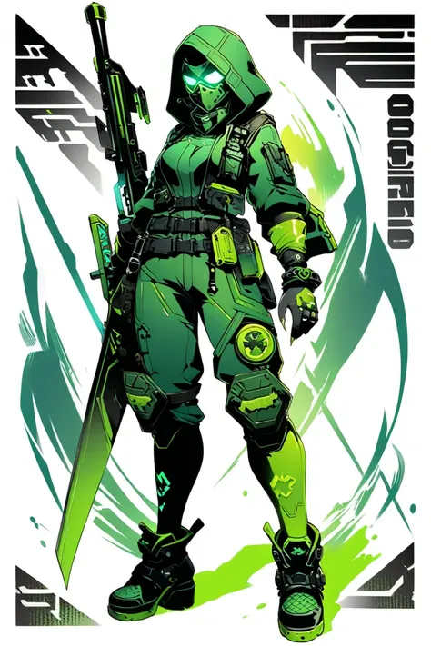  Cyberpunk Ninja Action Novel。 one middle-aged female ninja。((white background illustration ))。(( full body illustration))。(( standing))。full face cyberpunk mask。 Light Special Agent Style Ninja Outfit。myrtle green color。A bracelet-shaped device on the wri...