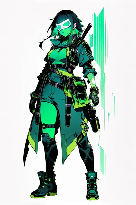  Cyberpunk Ninja Action Novel。 one middle-aged female ninja。((white background illustration ))。(( full body illustration))。(( standing))。full face cyberpunk mask。 Light Special Agent Style Ninja Outfit。myrtle green color。A bracelet-shaped device on the wri...