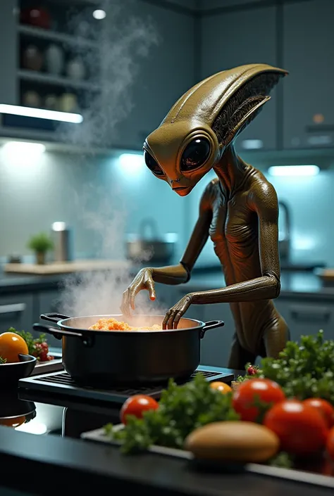 Create an alien cooking food in a pot 