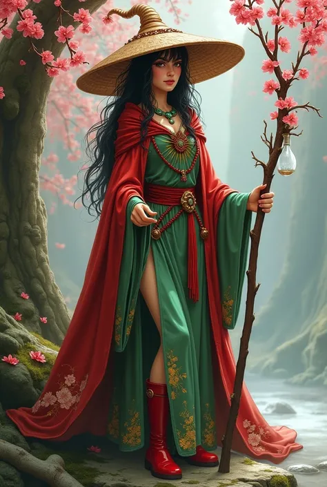  I have a character for Dungeons and Dragons created and wants to have a picture about it .
She is a female druid she is a water gensai with slightly pale reddish skin, she is 1, 75 tall and wears red boots ,  She has long black hair and sensitive green em...