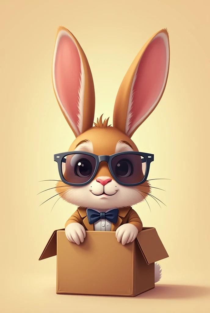 The cute and very handsome Rabbit in the center of the frame is sitting in a packing box. He is wearing a storekeeper's work clothes and a bow tie.  The rabbit is wearing gray sung lasses. The expression on his face is good-natured. The rabbit looks direct...