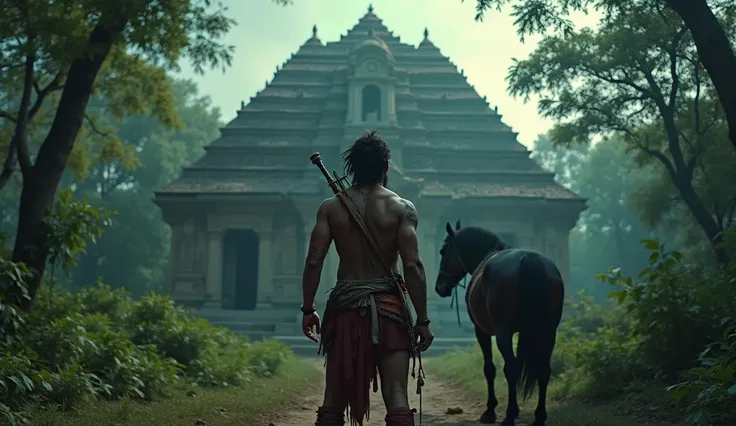 Wide angle shot of terrifying, horrable indian ancient temple background of a haunted dense jungle. Depict the back of handsome indian man, asthetic body and broad-shouldered, warrior personality, dense beard in face, tattooed body, a beautiful royal sword...