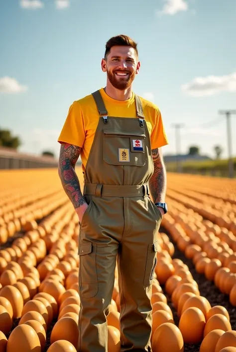 Messi at His Egg Farm:
Lionel Messi standing proudly on his large, modern egg farm named "Golden Eggs." He’s wearing casual farm attire with a bright smile, surrounded by rows of chickens and golden-colored eggs in the background. The farm has a clean, sun...